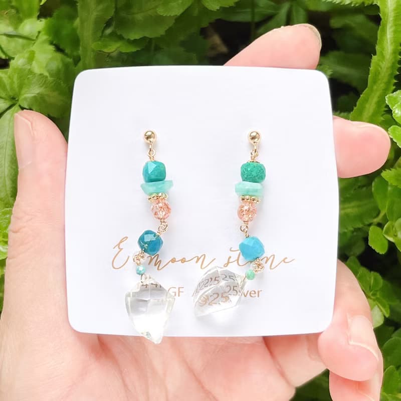 稀少爪牙型 天然白水晶 土耳其藍綠松石耳環