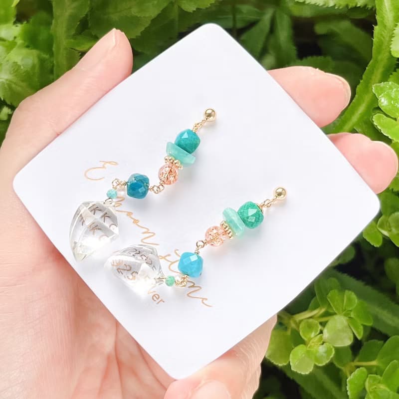 稀少爪牙型 天然白水晶 土耳其藍綠松石耳環