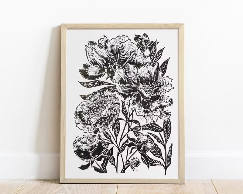 Linocut print Black peony flowers Housewarming gift Botanical illustration art