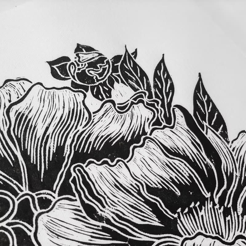 Linocut print Black peony flowers Housewarming gift Botanical illustration art