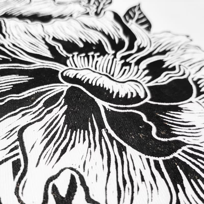 Linocut print Black peony flowers Housewarming gift Botanical illustration art
