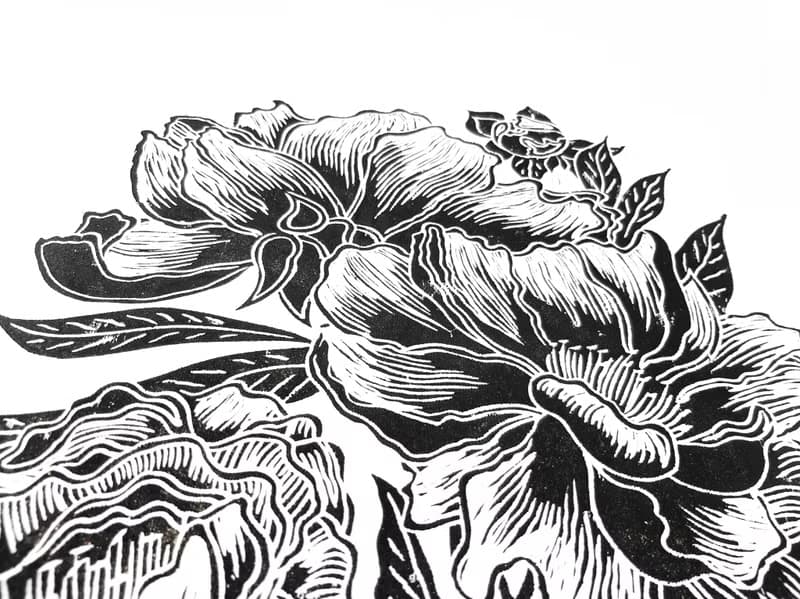 Linocut print Black peony flowers Housewarming gift Botanical illustration art