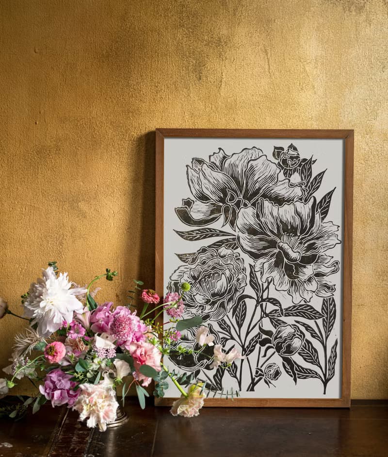 Linocut print Black peony flowers Housewarming gift Botanical illustration art