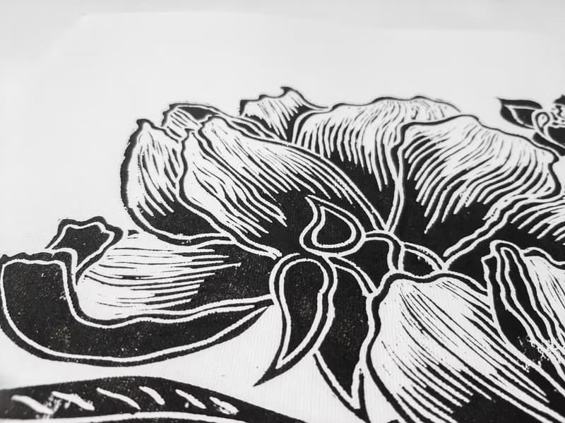 Linocut print Black peony flowers Housewarming gift Botanical illustration art