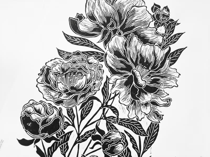 Linocut print Black peony flowers Housewarming gift Botanical illustration art