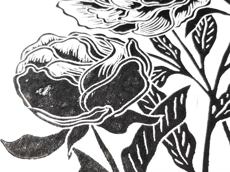 Linocut print Black peony flowers Housewarming gift Botanical illustration art