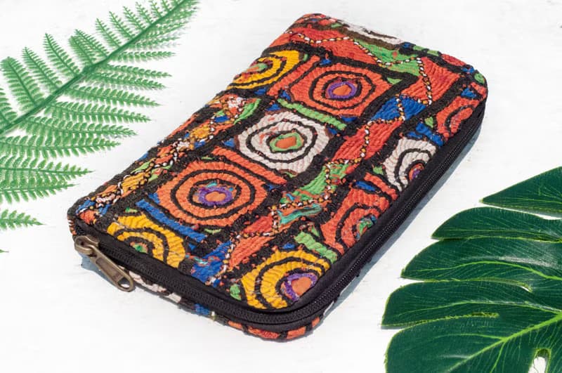 手工刺繡錢包 民族風長夾 刺繡皮夾 手工古布長夾-圓形刺繡花朵