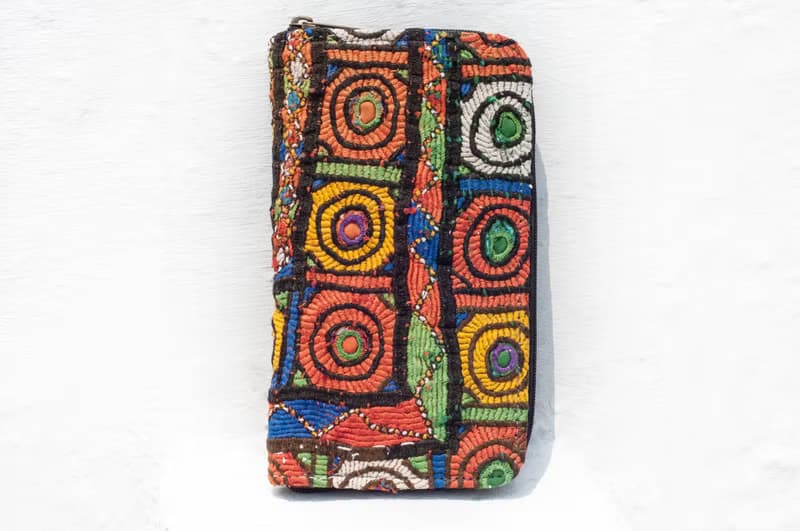 手工刺繡錢包 民族風長夾 刺繡皮夾 手工古布長夾-圓形刺繡花朵