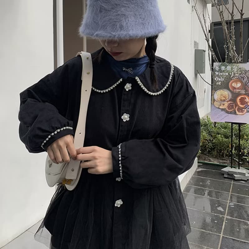 小香風 娃娃領花花短外套 雪紡紗 珍珠 花邊拼接