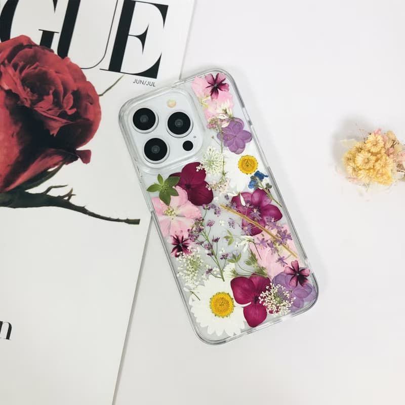 天然白紫色系押花手機殼適用於iPhone 16e Samsung S25 Ultra