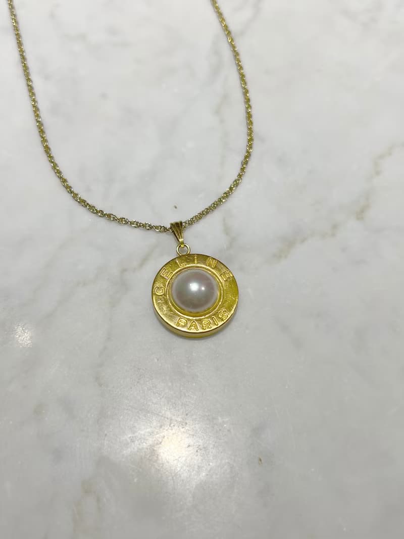 Celine 18K金環形珍珠吊墜中古頸鏈項鏈 原裝盒 情人節禮物