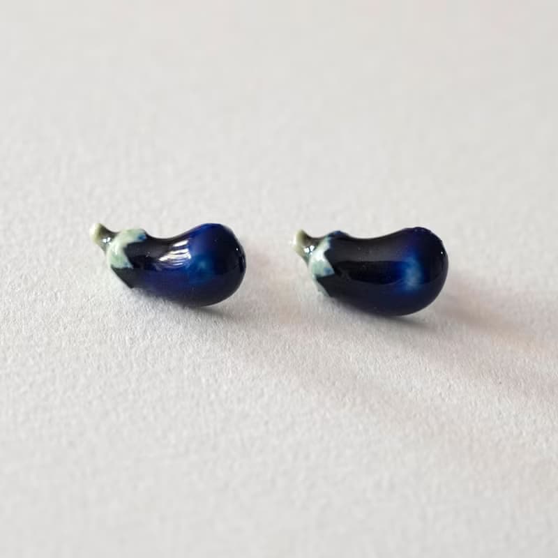 瓷器耳環  茄子耳針一對