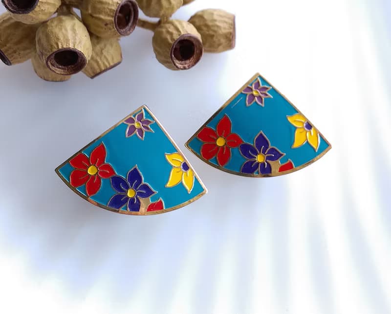 Vintage Jewelry 西洋古董飾品 景泰藍 藍底彩花  針式耳環