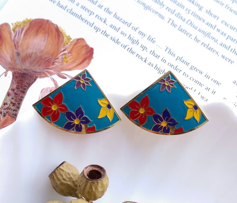 Vintage Jewelry 西洋古董飾品 景泰藍 藍底彩花  針式耳環