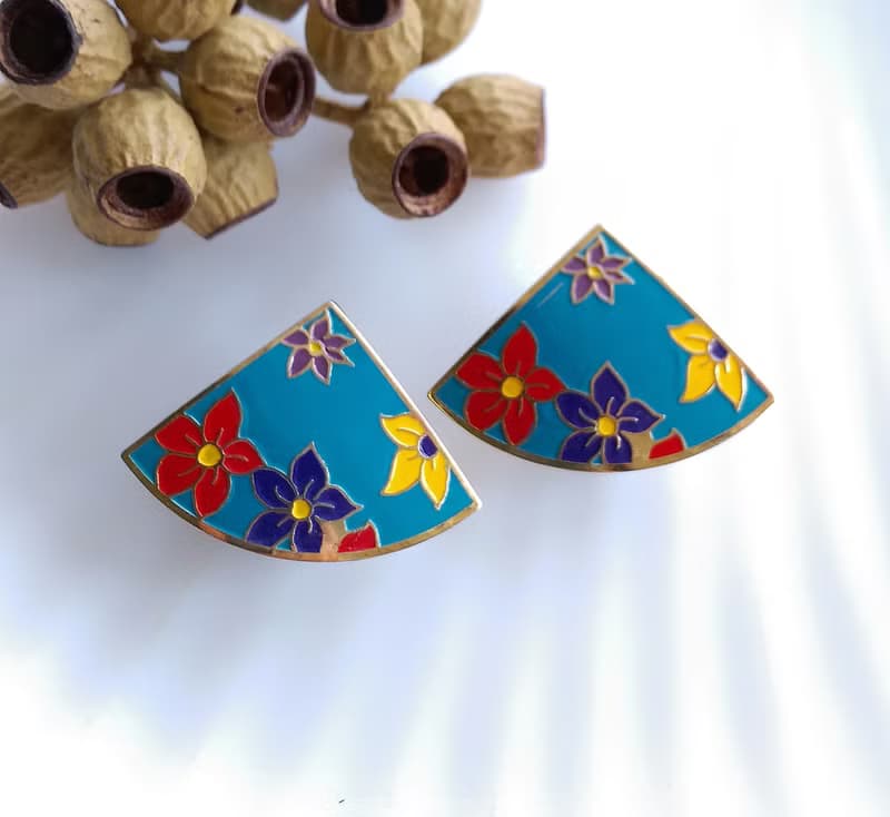 Vintage Jewelry 西洋古董飾品 景泰藍 藍底彩花  針式耳環