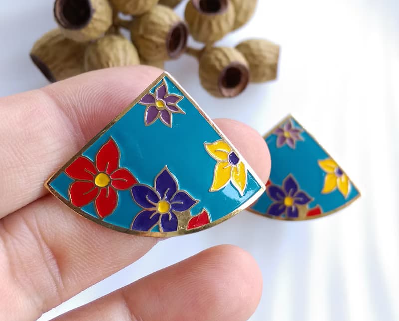 Vintage Jewelry 西洋古董飾品 景泰藍 藍底彩花  針式耳環