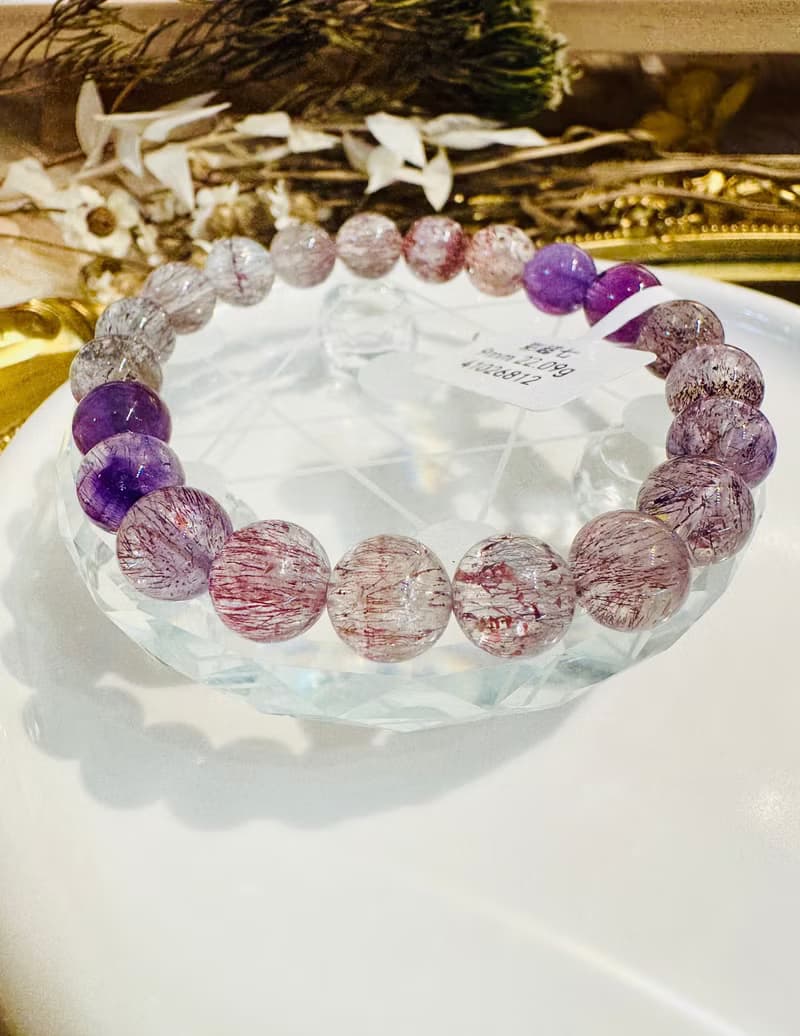 天然多礦彩超七水晶9mm22.09g帶彼岸花紫超七三輪骨幹水晶