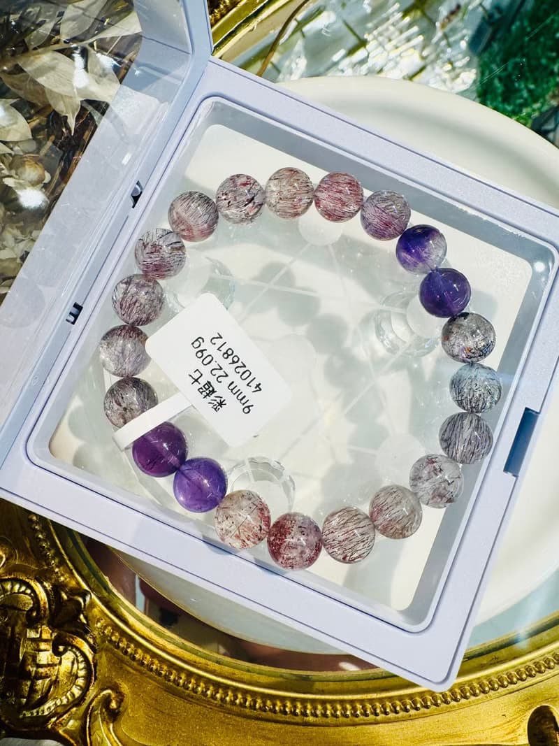 天然多礦彩超七水晶9mm22.09g帶彼岸花紫超七三輪骨幹水晶