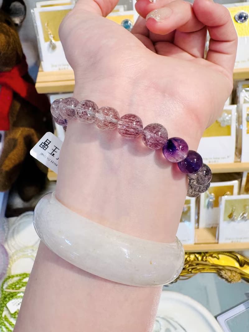 天然多礦彩超七水晶9mm22.09g帶彼岸花紫超七三輪骨幹水晶