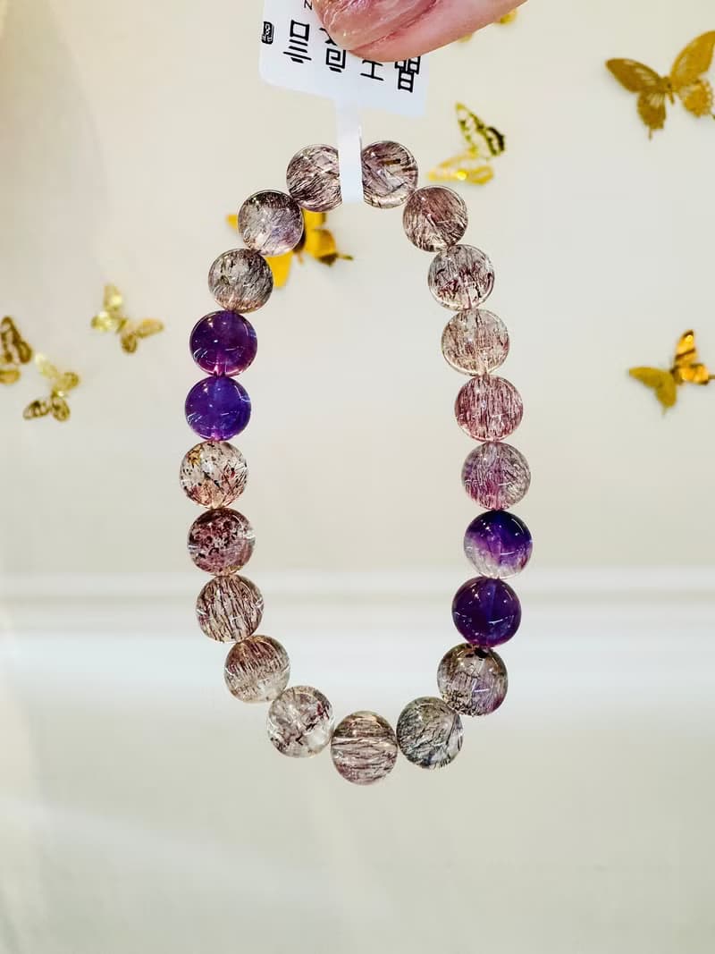 天然多礦彩超七水晶9mm22.09g帶彼岸花紫超七三輪骨幹水晶