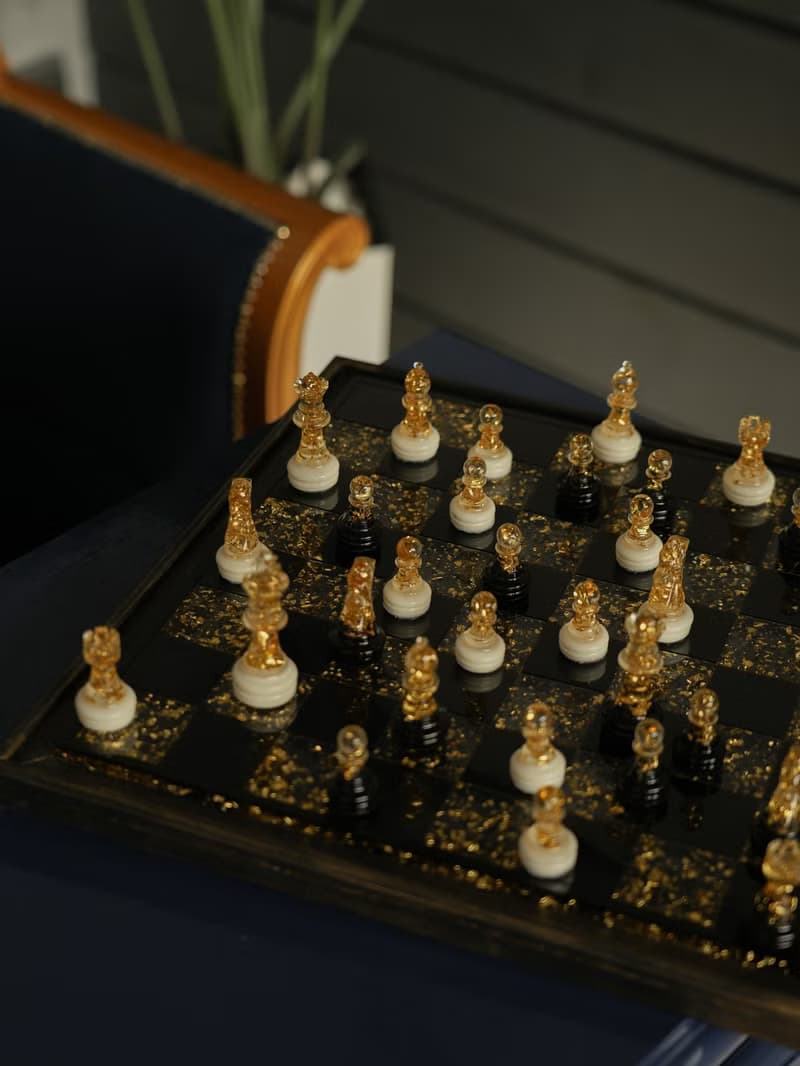 Black and Gold Chess Pieces | Epoxy Resin Chess Set for Elegant Home Décor & Gif
