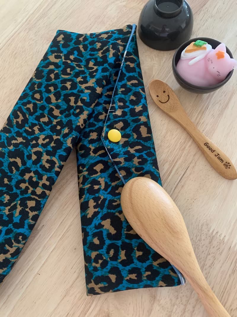 文青風環保純棉筷袋 神秘豹紋 質感湖水藍  日本 潮物 收納 手作