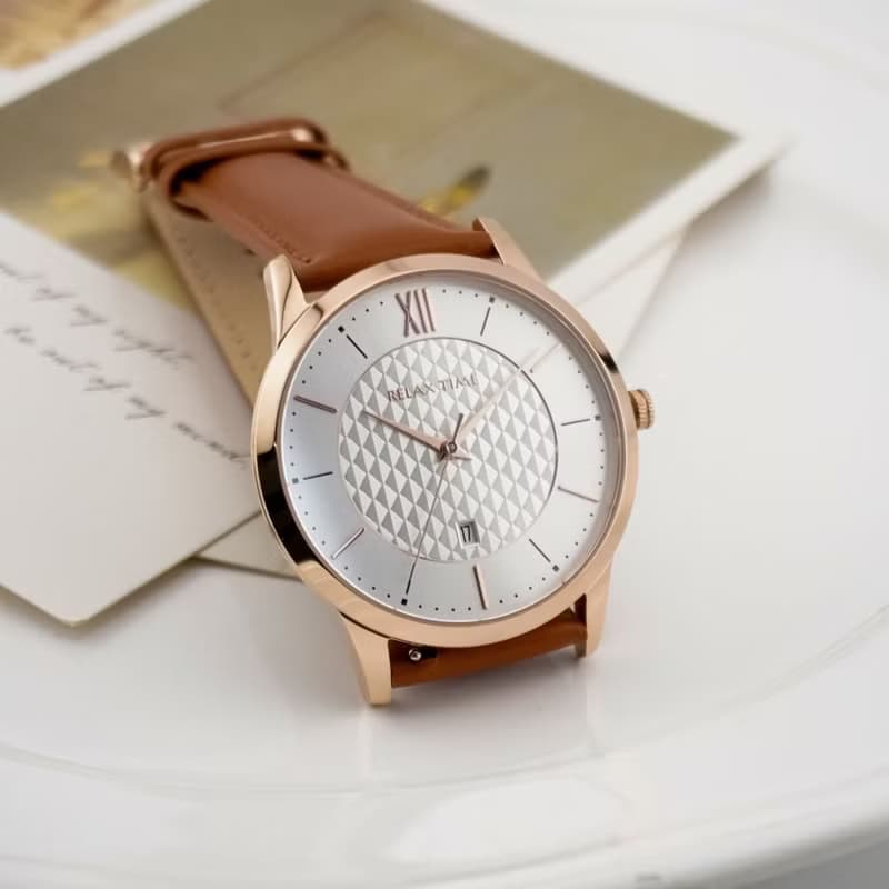 RELAX TIME 石英款 立體格紋時尚男錶 -玫瑰金 (RT-118-3M) 42mm