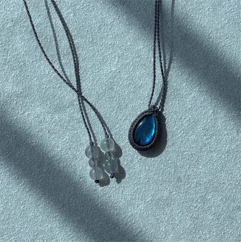 Cloud Blue Labradorite Cloudy Quartz Vintage Bohemian Gemstone Macrame Necklace