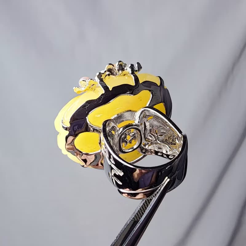 天然 琥珀 蜜蠟 牡丹 花開富貴 大寶石戒指 內徑17.2mm 單品 禮物