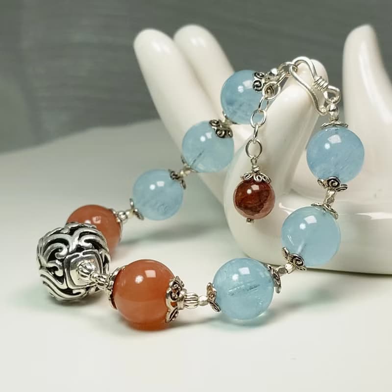 手鍊 海藍寶 紅兔毛水晶 焦花水晶 925銀飾 寶石 飾品 首飾