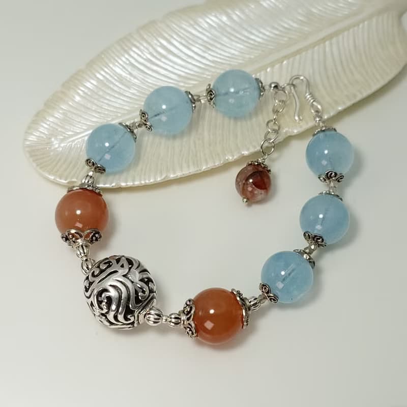 手鍊 海藍寶 紅兔毛水晶 焦花水晶 925銀飾 寶石 飾品 首飾