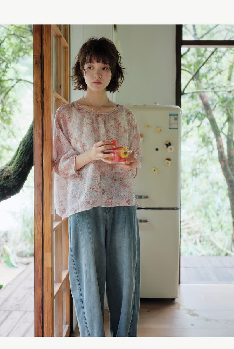 兩色碎花苧麻圓領鬆弛感小衫
