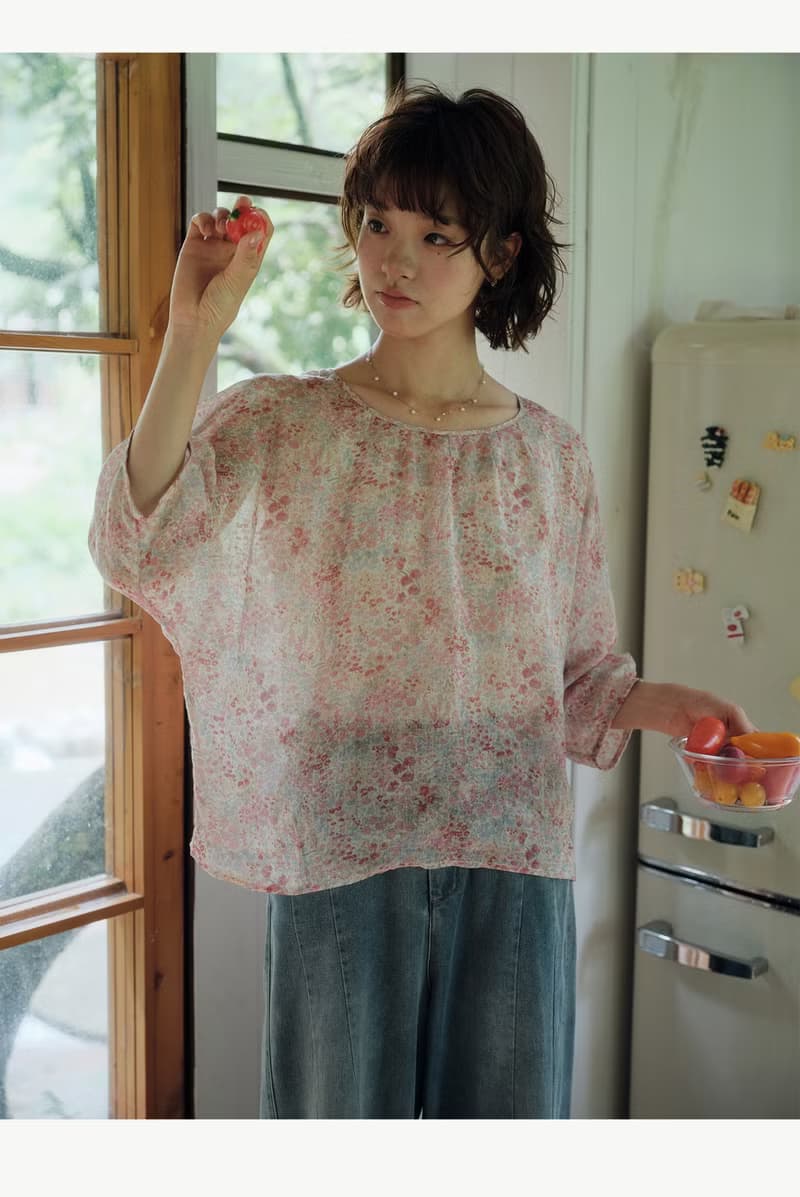 兩色碎花苧麻圓領鬆弛感小衫