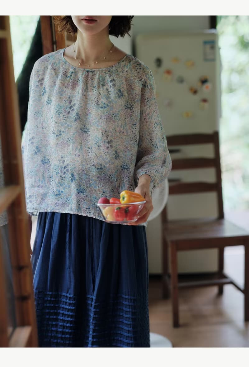 兩色碎花苧麻圓領鬆弛感小衫