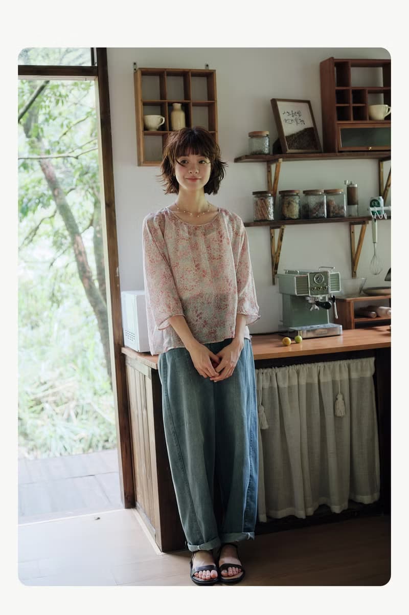 兩色碎花苧麻圓領鬆弛感小衫