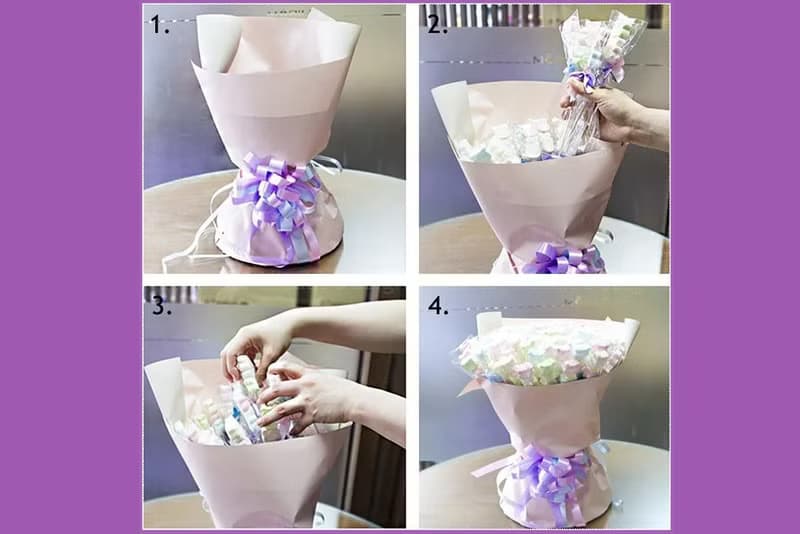 畢業熊(白) + 特惠組5入串裝小花朵棉花糖X100支+搭贈花束底籃1個