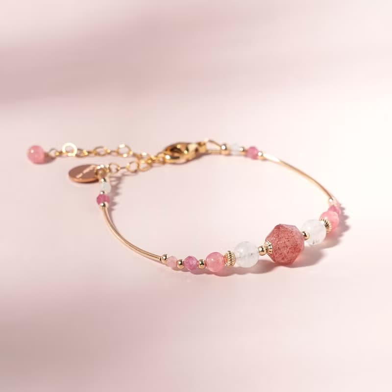 草莓晶月光石紅紋石14K包金水晶手鍊 禮物 招桃花手鍊
