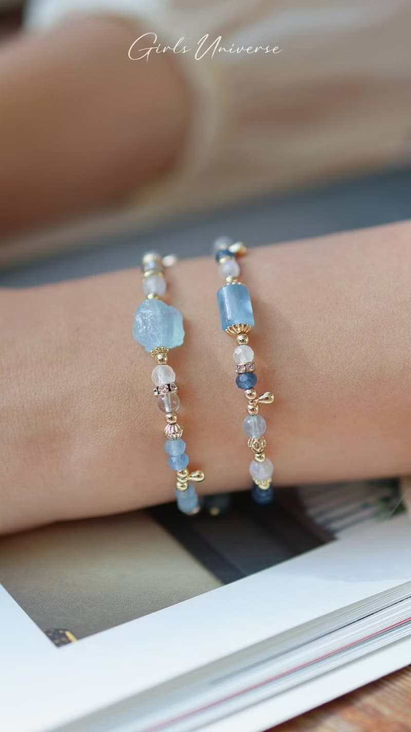 寧靜之海。海水藍寶原礦 拓帕石 月光石 14K包金 水晶礦石手鍊