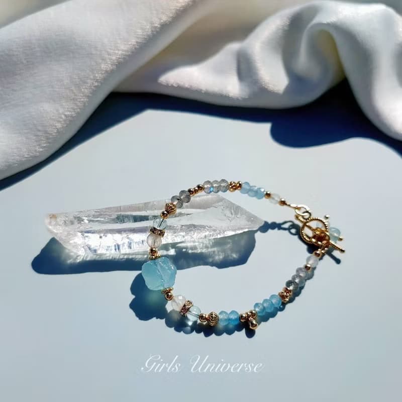 寧靜之海。海水藍寶原礦 拓帕石 月光石 14K包金 水晶礦石手鍊