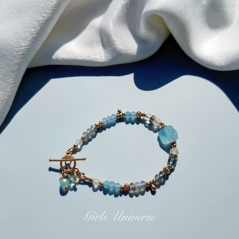 寧靜之海。海水藍寶原礦 拓帕石 月光石 14K包金 水晶礦石手鍊