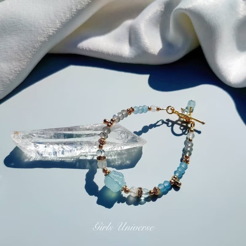 寧靜之海。海水藍寶原礦 拓帕石 月光石 14K包金 水晶礦石手鍊