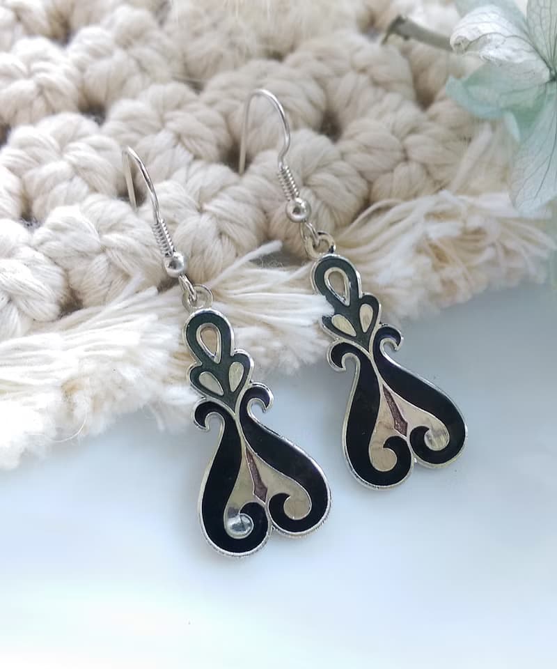 Vintage Jewelry 西洋古董飾品 景泰藍 黑底 流紋 耳勾 針式耳環