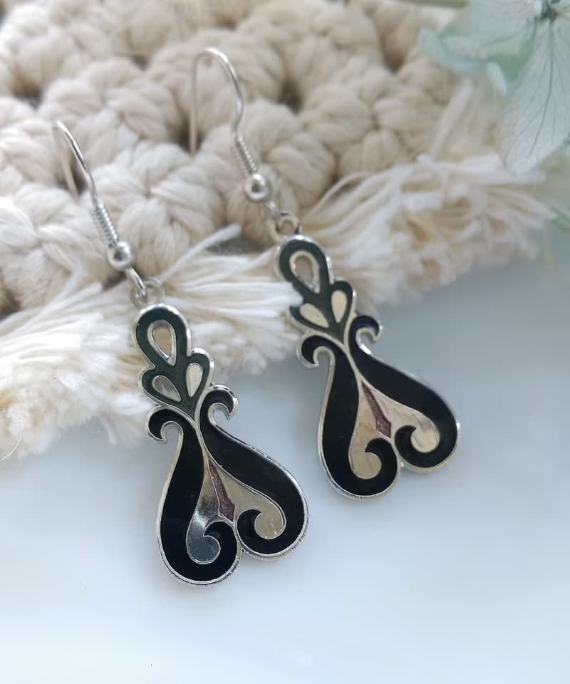 Vintage Jewelry 西洋古董飾品 景泰藍 黑底 流紋 耳勾 針式耳環