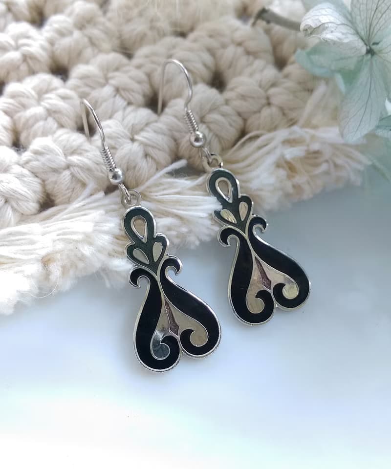 Vintage Jewelry 西洋古董飾品 景泰藍 黑底 流紋 耳勾 針式耳環