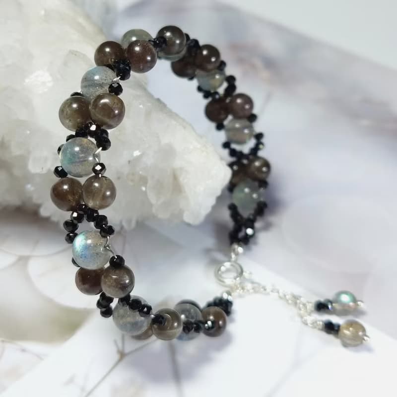 手鍊 拉長石 方柱石 黑尖晶石 琉璃珠 手珠 925銀飾 寶石 編織