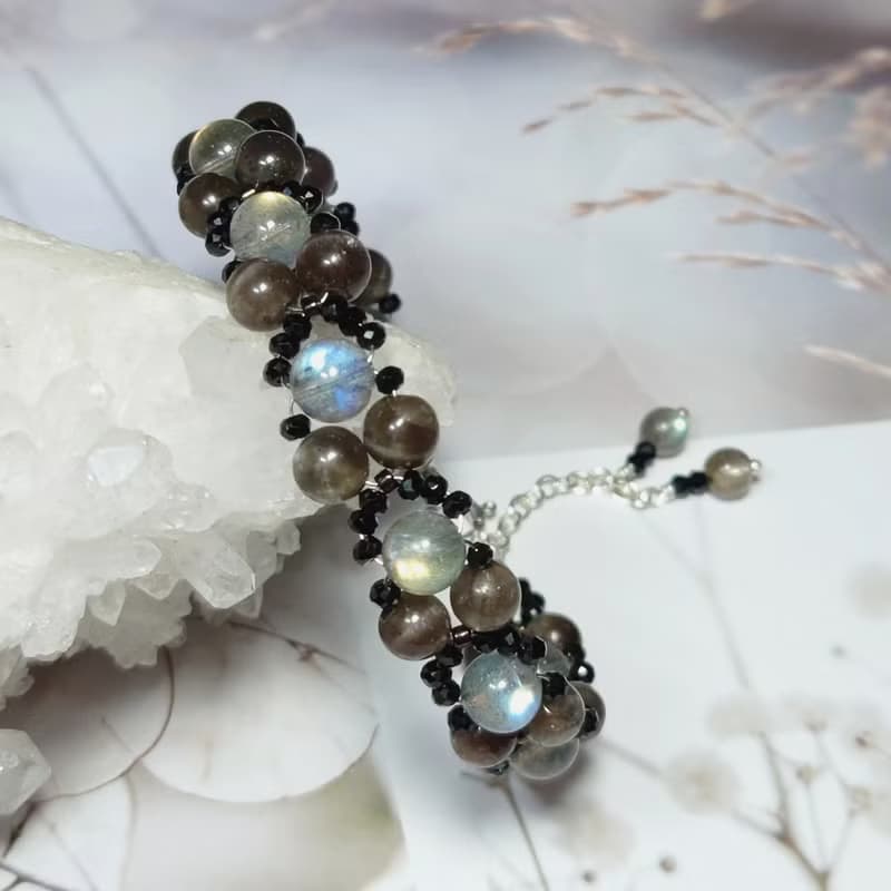 手鍊 拉長石 方柱石 黑尖晶石 琉璃珠 手珠 925銀飾 寶石 編織