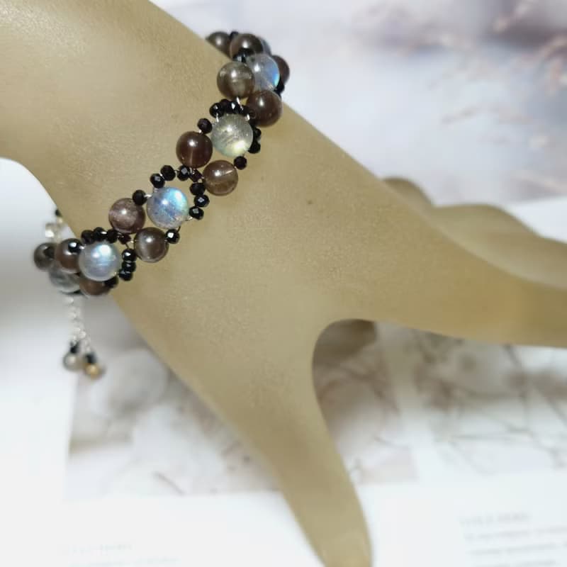 手鍊 拉長石 方柱石 黑尖晶石 琉璃珠 手珠 925銀飾 寶石 編織