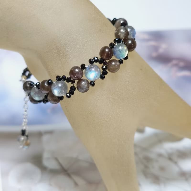 手鍊 拉長石 方柱石 黑尖晶石 琉璃珠 手珠 925銀飾 寶石 編織