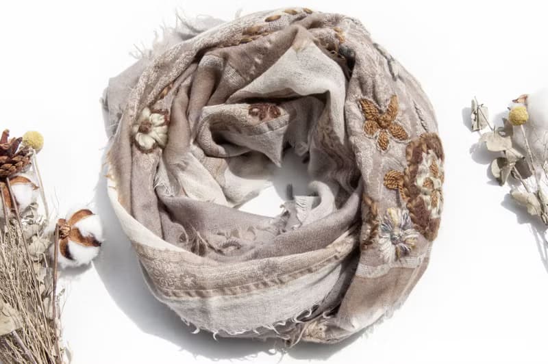 喀什米爾Cashmere/水煮羊毛披肩/針織圍巾/刺繡圍巾/羊絨披巾-花