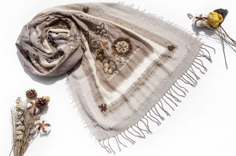 喀什米爾Cashmere/水煮羊毛披肩/針織圍巾/刺繡圍巾/羊絨披巾-花